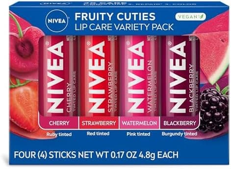 NIVEA Lip Care, Fruity Tinted Lip Balm Variety Pack, Cherry, Strawberry, Blackberry and Watermelon Flavors, 3-in-1 Moisture, Repair and Color, 0.17 Oz Stick, Pack of 4