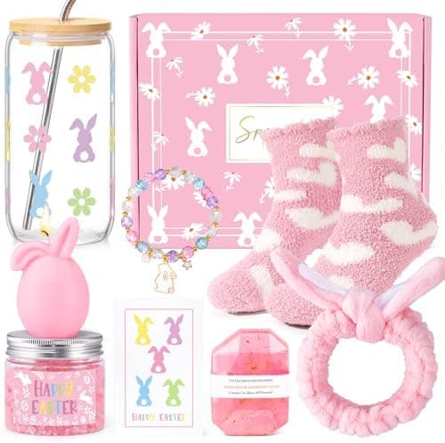 Frerdui Easter Gifts for Women & Teens, Prefilled Easter Basket Stuffers Essentials for Adults & Teen Girls with Bunny Glass Cup, Scented Candle, Socks & Bracelets