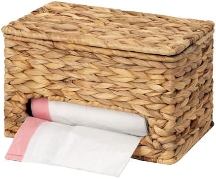 StorageWorks Trash Bag Holder with Lid, Wall Mount Water Hyacinth Plastic Bag Holder for Kitchen, Cabinet and Countertop