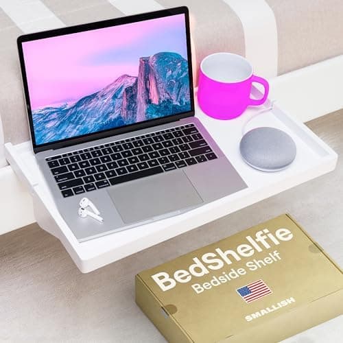 BedShelfie Bedside Shelf for Dorm Room Bunk Bed & Top Bunk, College Dorm Room Essentials, Bedside Caddy, Clip on Floating Desk Tray, Bed Side Table Storage, Loft Nightstand Decor - White Wood Plus