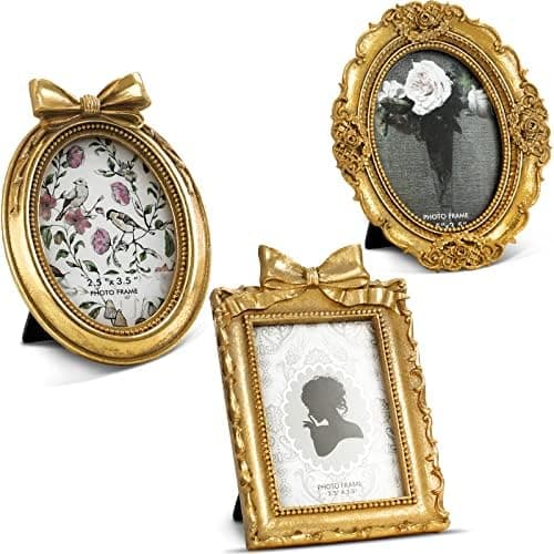 Vicenpal 3 Pcs Tiny Picture Ornate Frames 2.5 x 3.5 Inch Small Vintage Oval Picture Frames Gold Vintage Baroque Ornate Antique Resin Frame Table Top Display Frame for Home Wedding Decor (Gold)