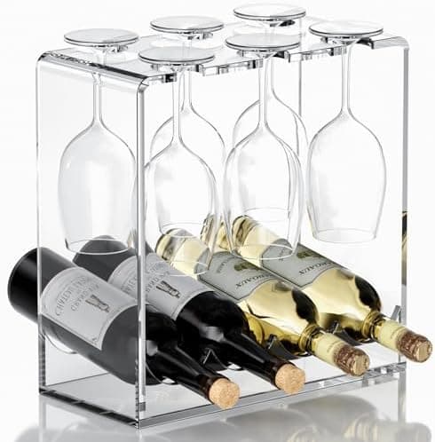 HeiMma Acrylic Wine Rack with Glass Holder, Wine Holder Racks Countertop, Small Counter Top Wine Bottle Rack (Hold 4 Bottles and 6 Glasses)