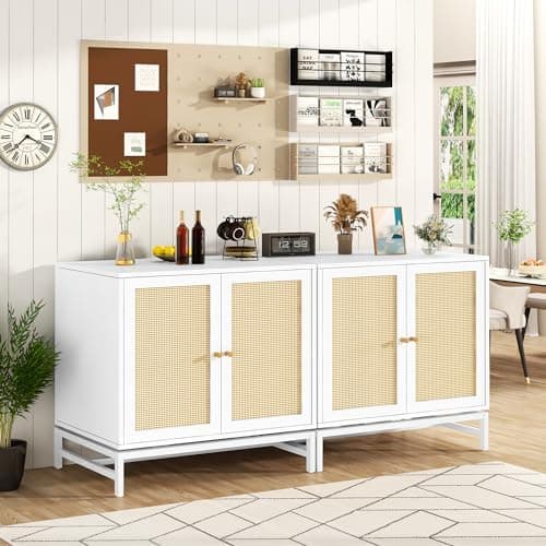 AWQM Sideboard Buffet Cabinet Set of 2, Kithchen Storage Cabinet with 2 Rattan Doors,Cupboard Console Table with Adjustable Shelves,Wood Accent Cabinet for Dining Room, Hallway,White (W68840160)