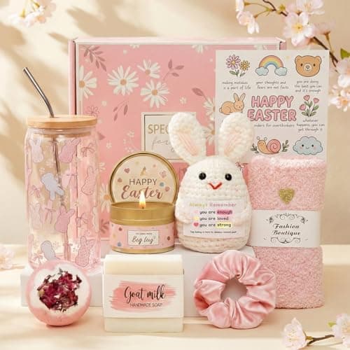 GLLZJZXC Easter Gifts for Women Teen Girls, Easter Basket Stuffers for Adults, Self Care Gift Basket with Handmade Crochet Bunny Affirmation Card, 16oz Glass Iced Coffee Cup, Scented Candle Spa Set