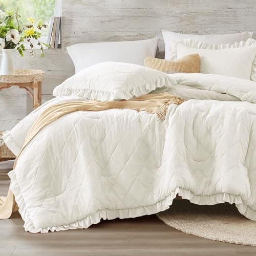 Degrees of Comfort 3 PCS Ruffle Comforter Set, Ivory White Shabby Chic Bedding with Vintage-Inspired Design for Cozy All-Season Sleep, Full/Queen