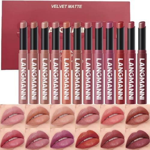 Jolilab 12Pcs Velvet Matte Lipstick Nude Matte Soft Dark Color Stick High Pigmented Long-Lasting Waterproof Lip Stick Lip Balm Beauty Cosmetics Gift for Women(01#-12#)