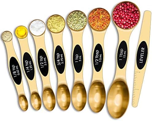 Urbanstrive Magnetic Measuring Spoons Set Stainless Steel, Dual Sided for Liquid Dry Food, Measuring Cups Spoons Set Fits in Spice Jar, Kitchen Gadgets, Cooking Utensils Set, Including Leveler, Silver (Gold)