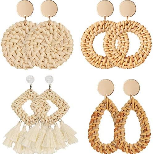 meekoo 4 Pairs Rattan Earrings for Women Beach Essentials Tassel Dangle Boho Straw Earrings