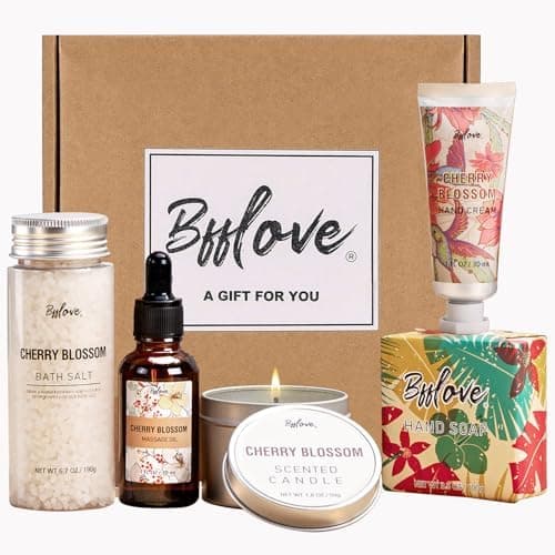 BFFLOVE Gift Set for Women - 5pcs Cherry Blossom Spa Gifts for Women, Birthday, Anniversary, Mother's Day Gifts for Her with Massage Oil, Scented Candle, Bath Salts, Hand Cream