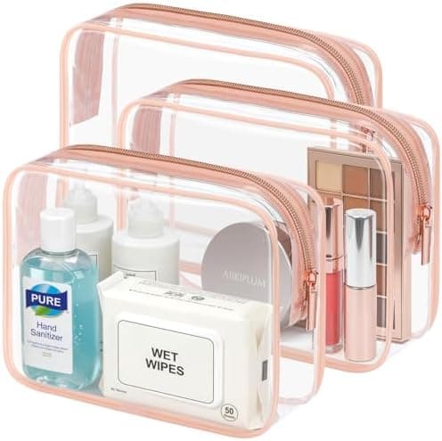 PACKISM TSA Approved Toiletry Bag - Clear Makeup Bag 3 Pack Medium, Metal Smooth Zipper Quart Size Bag for 3-1-1 Liquids, Travel Makeup Bag for Women Men, Airport Airline Compliant Bag, Rose Pink