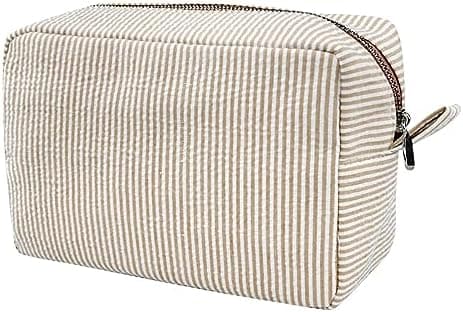 GFU Cosmetic Bags for Women, Seersucker Cosmetic Bag, Travel Toiletry Stripe Makeup Bag, Large Women Aesthetic Organizer Storage Pouch, Girls Handbags Purses, brown