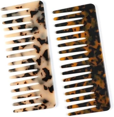 TaShow Hair Detangling Comb, 2 Pack Large Cellulose Acetate Wide Tooth Comb for Wet and Dry, Women's Thick Curly Wavy Hair (Tortoise Shell, Ivory)