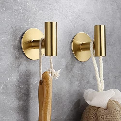 Zuvky Adhesive Wall Hooks - 2 Pack Stainless Steel Towel Hooks for Bathrooms, Kitchen, Livingroom, Office, Garage, Hotel (Gold)