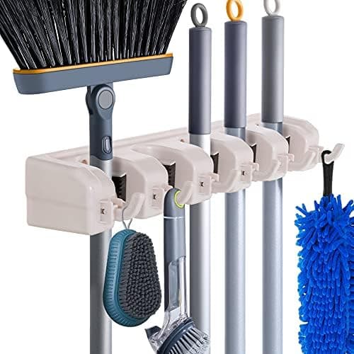 HYRIXDIRECT Broom Hanger Wall Mount Broom and Mop Organizer Wall Hanging Garden Tool Organizers Rack Garage Laundry Room Organizations and Storage with Hooks Heavy Duty