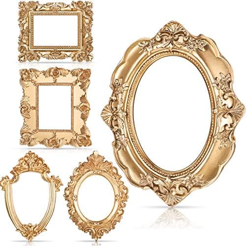 Yalikop 5 Pcs Vintage Mini Picture Frames Small Antique Resin Photo Frame Wall Hanging for DIY Jewelry Display Photography Christmas Photo Holiday Party Decoration (Gold)