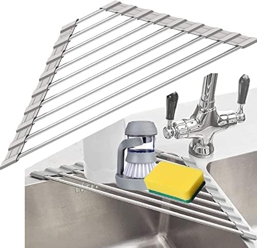 SHUYUE Triangle Dish Drying Rack for Sink Corner Roll Up Folding Stainless Steel Multipurpose Over The Sink Dish Drainer Mat for Kitchen (Grey)