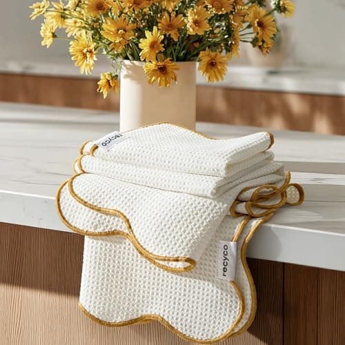 RECYCO Waffle Kitchen Towel Set of 2 - Quick Dry Microfiber Sustainable Dish Towels - Ultra Absorbent Reusable Cleaning Tea Towels - Lightweight Hand Towels,16”x 28”, Gold Yellow