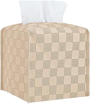 Tissue Box Cover, Square Tissue Box Holder, Leather Tissue Holders Decorative Organizer for Bathroom, Tabletop and Car, 5"X5"X5" (Beige)