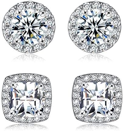 18K White Gold Plated Round Square Cubic Zirconia Simulated Diamond Halo Stud Earrings (2 Pairs)