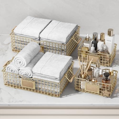 Qcold Bathroom Organizers and Storage, 4 Pack Storage Baskets for Shelves, Multipurpose Bins Organizer with Wooden Handles, Decorative Organizer Basket Set for Bathroom, Laundry, Living Room - Golden