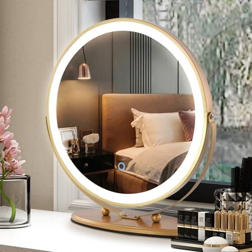 LVSOMT 20" Vanity Makeup Mirror with Lights, 3 Color Lighting Dimmable LED Mirror, Touch Control, 360°Rotation, High-Definition Large Round Lighted Up Mirror for Bedroom Table Desk (Gold)