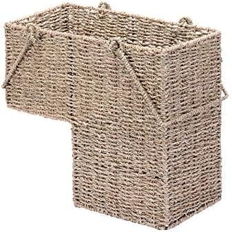 14-Inch Wicker Staircase Basket with Handles - Handmade L-Shaped Woven Seagrass Stair-Style Storage Organizer - Durable Container by Villacera