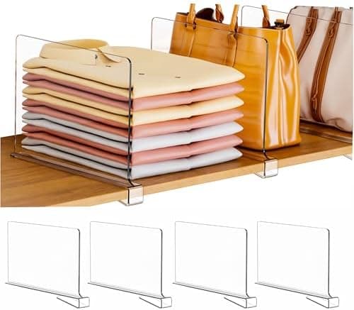 Clear Acrylic Shelf Dividers for Closet Organization - 4 Pack Closet Shelf Divider for Sweatshirt,Towel,Bag,Purse,Clothing,Sweater Organizer,Plastic Dividers and Separators for Shelves and Bedroom